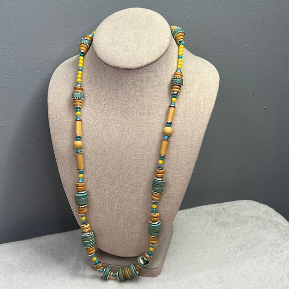 Beaded Chunky Statement Necklace Yellow Green Blue Spring Summer - Picture 3 of 8